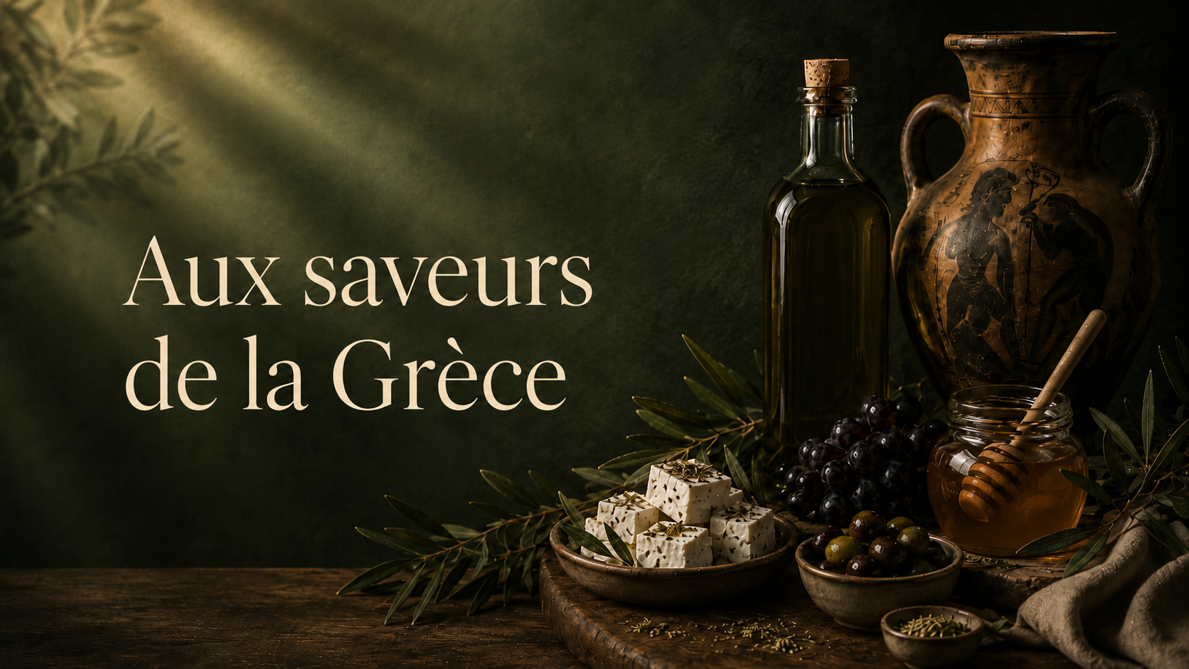 Huile d'olive, feta, miel, olives et amphore grecque sur une table en bois.